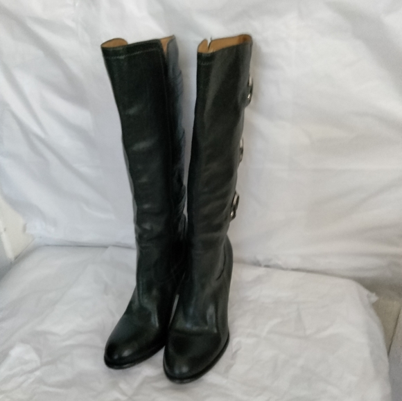 Frye Fiona 3 Strap Black Leather High Heel Womens  riding Boots Size 6M - Picture 2 of 16